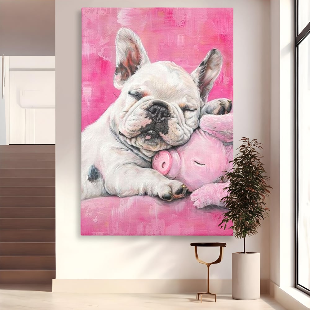 Tablou canvas cu pictura cu bulldog si porcusor, fara rama, pe sasiu de lemn